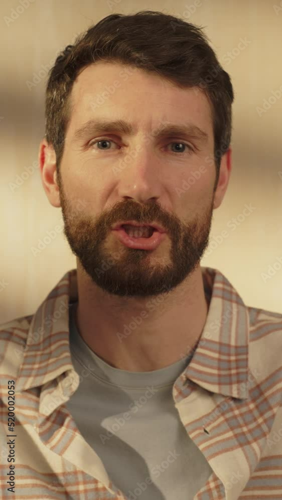 Poster Vertical Screen: Point of View from Camera with Handsome Creative Man Having a Video Call from Home Living Room. Happy Male Talking to Family and Friends Online, Smiling and Telling Stories.
