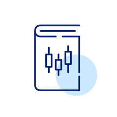 Stock trading manual. Book with candlesticks chart. Pixel perfect, editable stroke line art icon