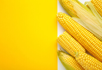 Fresh corn on cobs on white and yellow background.