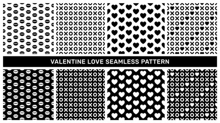 Love background and seamless pattern with heart and lip. Creative romantic vector illustration design and black white seamless texture swatch for decorative valentine greeting, textile print design