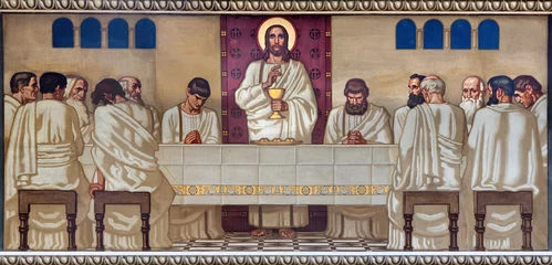 Fotobehang ZURICH, SWITZERLAND - JULY 1, 2022: The fresco of Last Supper in the church Pfarrkirche Liebfrauen by Fritz Kunz (1906). © Renáta Sedmáková