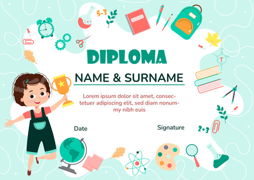Cute diploma certificate template for school student and preschool for kids and children in kindergarten or primary grades with school pack, kit.Vector cartoon colorful flat illustration
