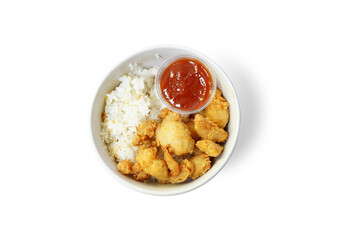 chicken popcorn and japanese rice in a bowl on white background