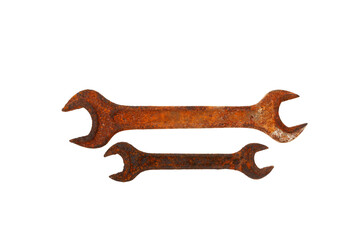 Two Rusty wrenches on white background. Design element. Copy space. Equipment status. Outdated tools