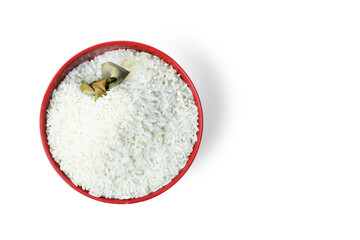 Healthy food. red ceramic bowl with high carb rice on white background. Top view, high resolution product.