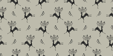 Fototapeta na wymiar Seamless pattern with watercolor deer. Magic animals silhouettes with flowerhorns. Natural ornament for fabric, gift wrapping, wallpaper.