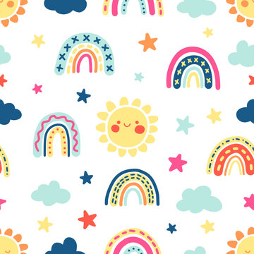 Colorful spring and summer vector pattern in folk scandinavian style. Cute bright baby suns, rainbows and stars for prints, backgrounds, posters, textiles, wrappers, postcards, decor, interior, kids
