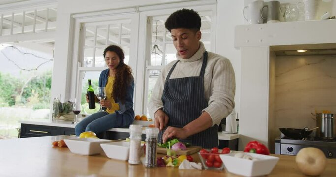 Video of happy biracial couple preparing meal together and drink wine