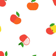Vector seamless pattern of multicolored cartoon apples on a white background.