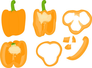 Bulgarian pepper, paprika, bell pepper. Whole, half, cut ​​and sliced ​​peppers. Sliced ​​pepper slices. Whole and slices. Vegetable rings, seasoning for cooking. Vector illustration isolated on white