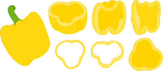 Bulgarian pepper, paprika, bell pepper. Whole, half, cut ​​and sliced ​​peppers. Sliced ​​pepper slices. Whole and slices. Vegetable rings, seasoning for cooking. Vector illustration isolated on white