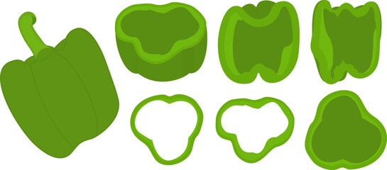 Bulgarian pepper, paprika, bell pepper. Whole, half, cut ​​and sliced ​​peppers. Sliced ​​pepper slices. Whole and slices. Vegetable rings, seasoning for cooking. Vector illustration isolated on white