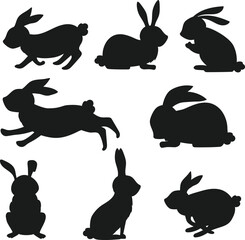  Cartoon Rabbits set isolated Vectors Silhouettes