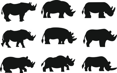 African Rhino different poses isolated Vectors Silhouettes