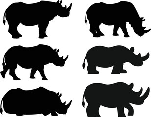 African Rhinoceros set different poses isolated Vectors Silhouettes