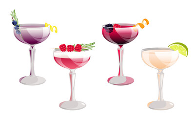 Cocktail set .Summer refreshing drinks.Blueberry cocktail, clover club, berry cocktail with raspberries and blackberries, daiquiri hemingway.