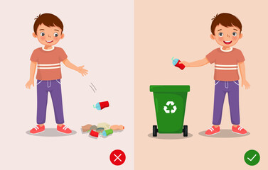 do not littering illustration boy right and wrong behavior throwing trash in rubbish bin and on the ground  - obrazy, fototapety, plakaty