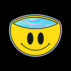 Smile head with holographic gradient eyes for t-shirt,tee. Vector cartoon character illustration logo design. Trippy psychedelic smile,gradient,hologram print for t-shirt,tee,logo concept
