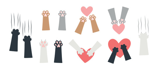 International Cat Day set. Cute icons, cat paws with scratches and a heart, kitten paws can be used for homeless animal shelters, pet stores and veterinary clinics. Feline signs and symbols, cat love.