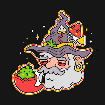 Trippy wizard smoke weed in pipe t shirt print.Vector doodle 70s style cartoon character logo illustration. Magic mushrooms,psychedelic,trippy,cannabis,weed print for logo,t shirt,tee,poster,sticker