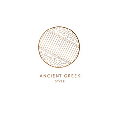 Vector ancient greek round gold logo of geometric elements of nature, mountains, sun, rivers. Sacred round symbol, the emblem of the ancient Greeks. Icon, business emblem for design, esoteric, tattoo