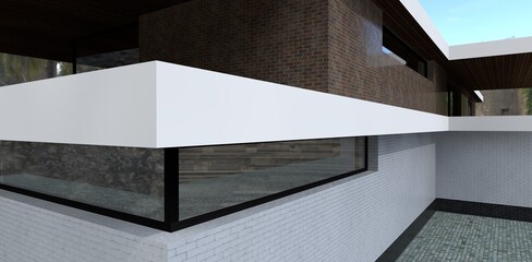 White molding around the perimeter of a modern building. Finishing white, red and black brick. 3d render.