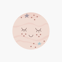 Scandinavian boho cute cartoon planet in pastel colors. Hand drawn vector element for nursery decoration, baby shower, birthday, children's party, poster, invitation, postcard, kids clothes