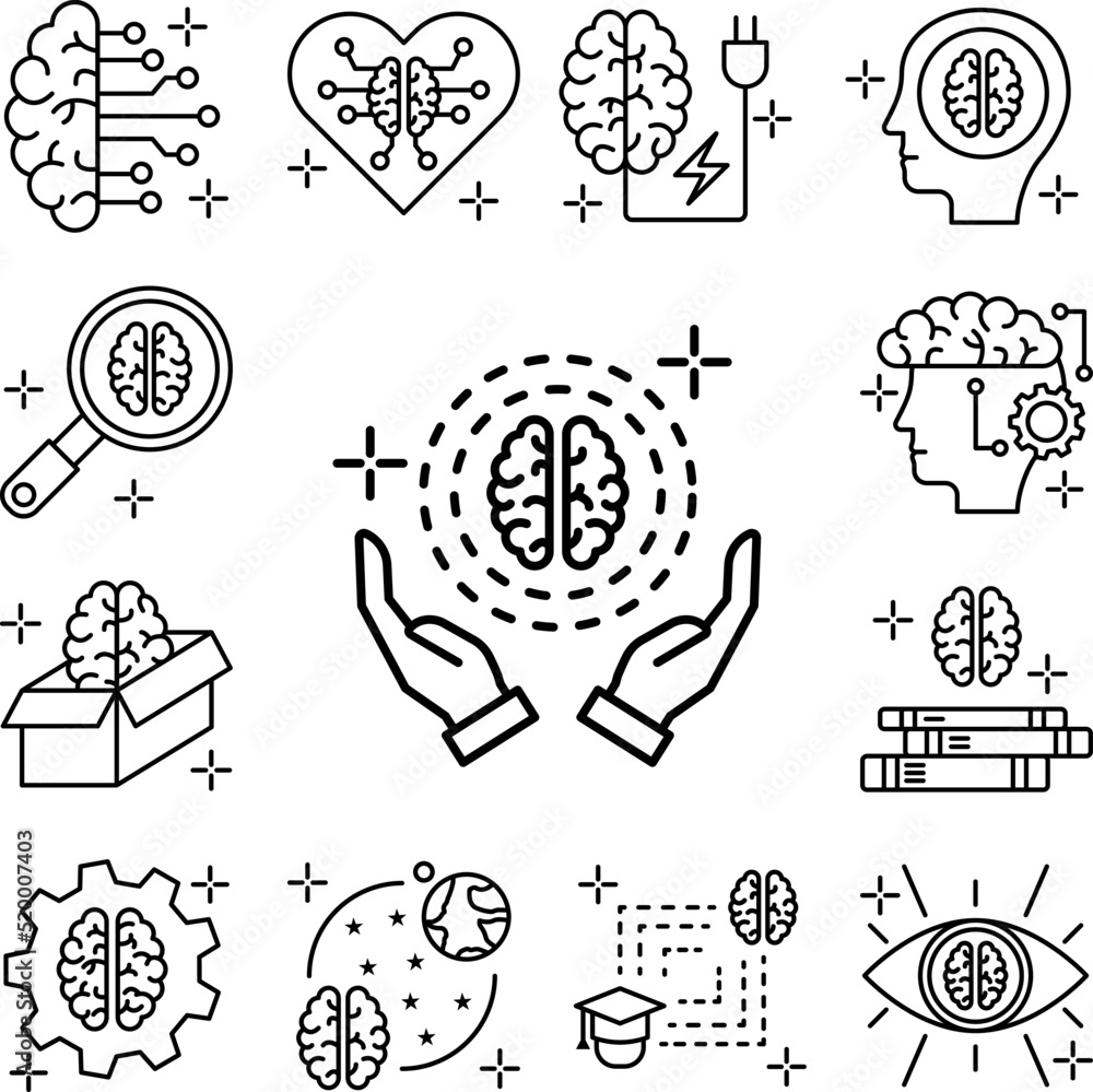 Poster brain hands icon in a collection with other items