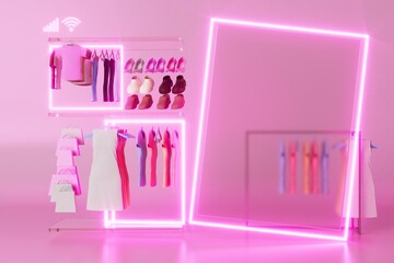 shopping online applications with frame copy space. shop app with a glowing background. shopping design. 3d illustration. supermarket concept. blue background. buy sell promote. 3d frame effect board