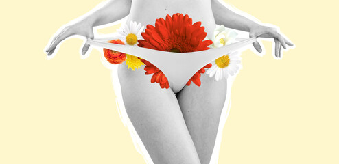 Contemporary art collage. Cropped image of female body and flowers isolated on yellow background. Femininity.