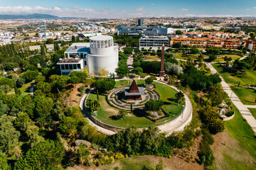 Lisbon, Portugal - July 29, 2022: Aerial drone view of Parque dos Poetas in Oerias, translated to...