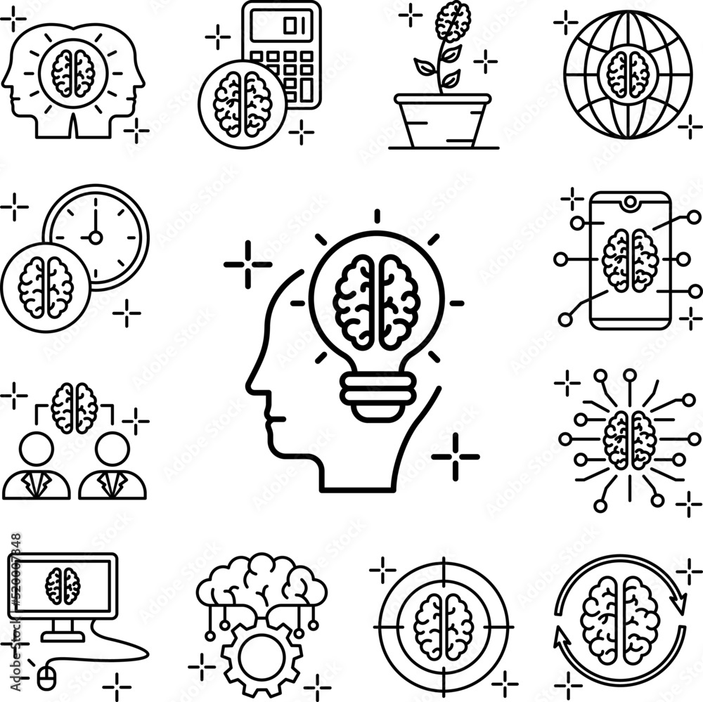 Poster idea bulb brain icon in a collection with other items