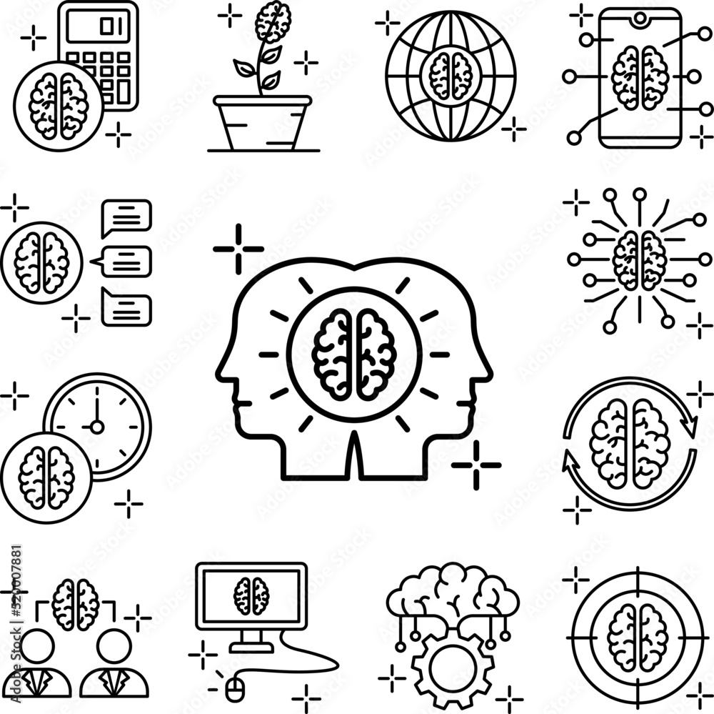 Poster learning heads brain icon in a collection with other items