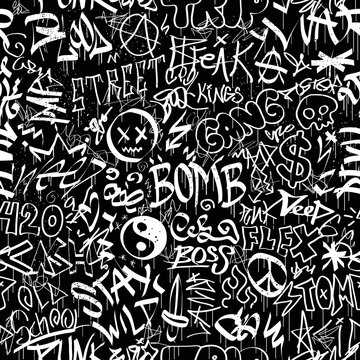 Graffiti tags seamless pattern wallpaper.Vector graphic illustration.Graffiti tags lettering,urban art seamless pattern wallpaper print concept