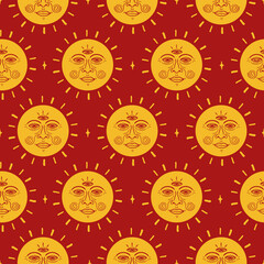 Sun with third eye seamless pattern wallpaper.Vector graphic illustration.Sun,magic solar symbol seamless pattern wallpaper print concept