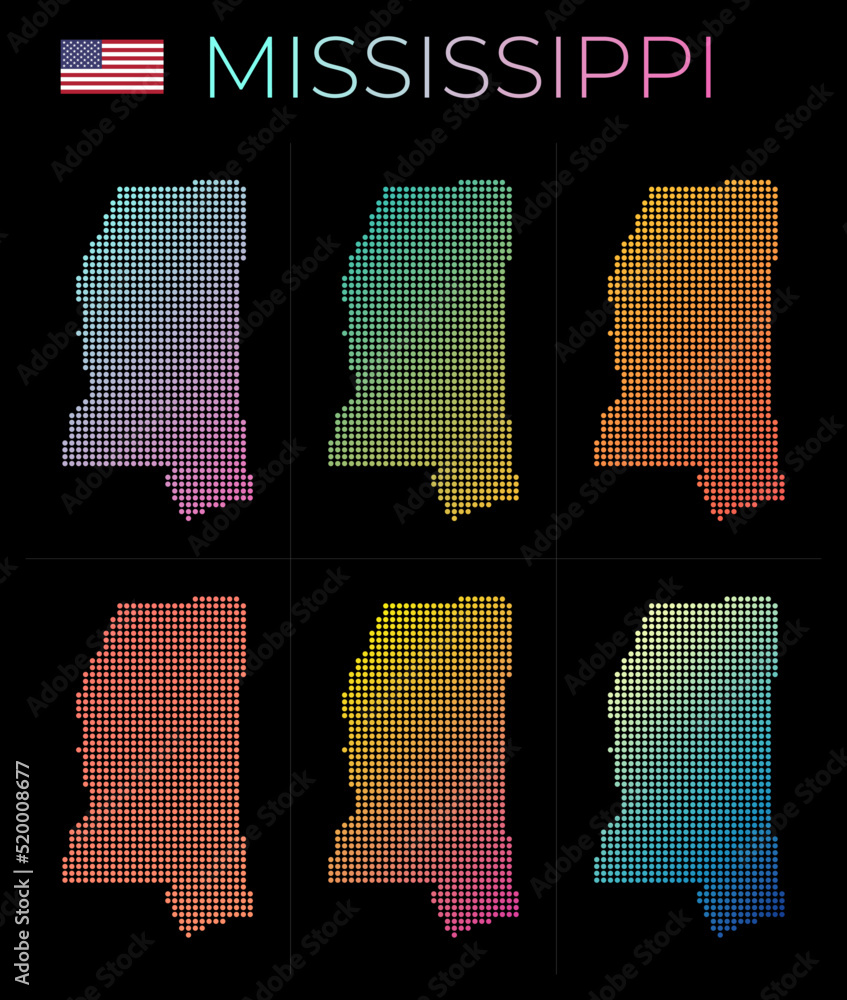 Poster mississippi dotted map set. map of mississippi in dotted style. borders of the us state filled with 