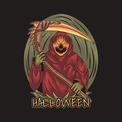 Red grim reaper holding scythe on Halloween