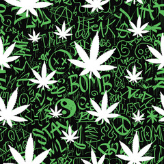 Hand drawn graffiti quotes and weed lead seamless pattern wallpaper.Vector graphic illustration.Graffiti lettering,urban art,marijuana,cannabis,weed leaf seamless pattern wallpaper print concept