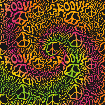 Deformed wavy groovy word and peace sign background.Vector graphic character illustration.Groovy,trippy lettering,lsd,acid,60s,70s,psychedelic wallpaper print concept