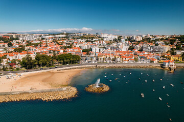 Aerial View of Praia Velha which means Old Beach at Paco de Arcos bay in Oerias, Lisbon Region,...