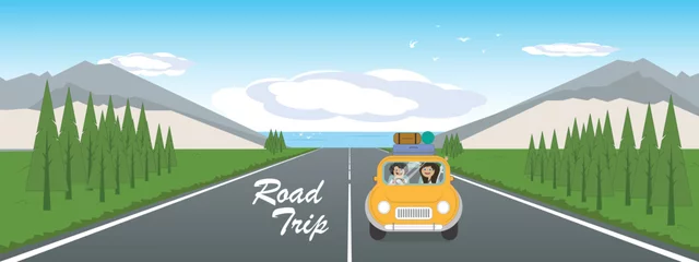 Fotobehang Cartoon style of vintage style yellow car with 2 people and baggages for road trip traveling with mountain and sea view background.  © Runglawan