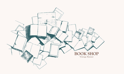 Vintage illustration of a heap of open books and other types of printed publications - 520009040