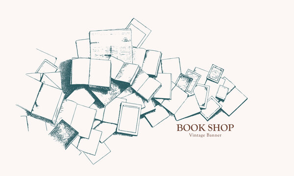 Vintage illustration of a heap of open books and other types of printed publications
