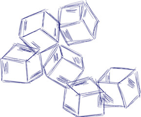 Hand drawn line ice cube, sugar, toys. Cold pieces, pieces of ice,  doodle sketches. The review is illustrated with cubes. Vector illustration with cubes.