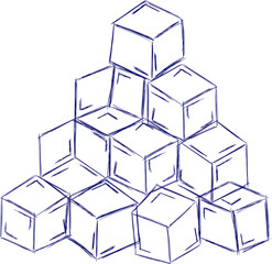 Hand drawn line ice cube, sugar, toys. Cold pieces, pieces of ice,  doodle sketches. The review is illustrated with cubes. Vector illustration with cubes.
