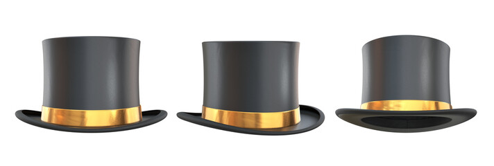 Set of black top hat with a gold ribbons on a white background, 3d render