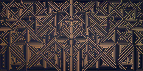 Vector abstract geometric golden background, gatsby style pattern. Art deco wedding, party, geometric ornament, linear style with leaves. Horizontal luxury decoration element, gold and black.