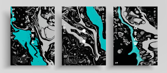 Abstract liquid poster, fluid art vector texture collection. Artistic background that applicable for design cover, poster, brochure and etc. Black, aquamarine and white creative iridescent artwork.