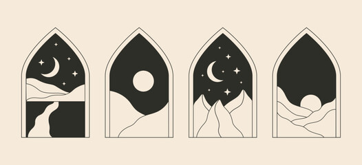 Minimal boho line doors arcs. Abstract mystic line logo signs, tattoo ideas, bohemian window frames landscapes. Vector esoteric set