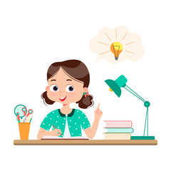 Cute little kid do homework and find the answer. Vector cartoon colorful flat illustration